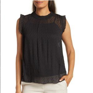 ADRIANNA PAPELL Women's Swiss Dot Pleated Sleeveless Blouse Size L - Black NWT